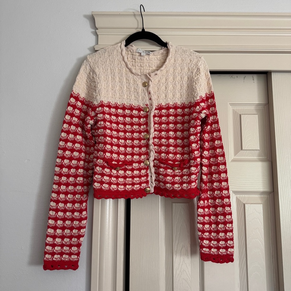 Viral J Crew Red and Cream Crochet Knit Cardigan